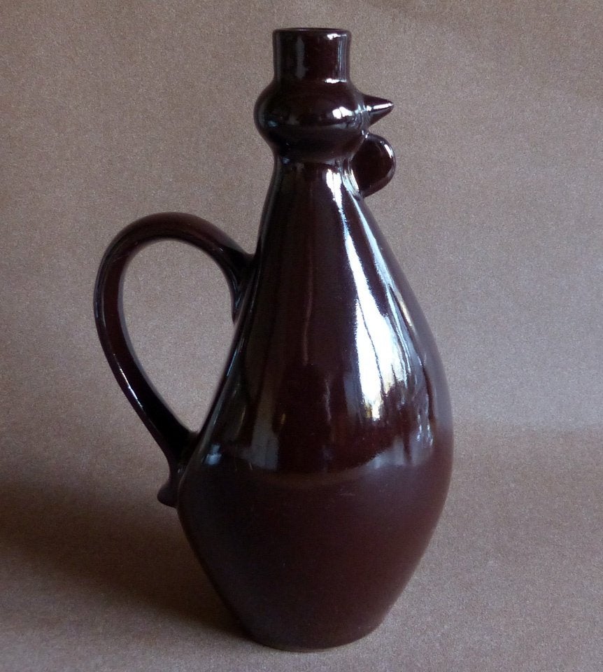 Kannetje haan kip vaas bruin keramiek fles aardewerk kruik, Gebruikt, Bruin, Ophalen of Verzenden, 20 cm