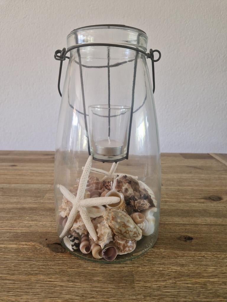 Glazen pot met schelpen en theelichthouder, Ophalen of Verzenden, Gebruikt, 25 tot 50 cm