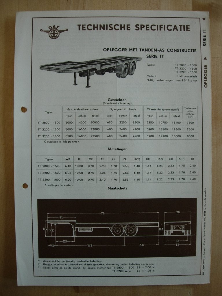 DAF TT 2800 & 3200 Oplegger Specificatie folder 1956, Ophalen of Verzenden, Zo goed als nieuw, Overige merken, DAF