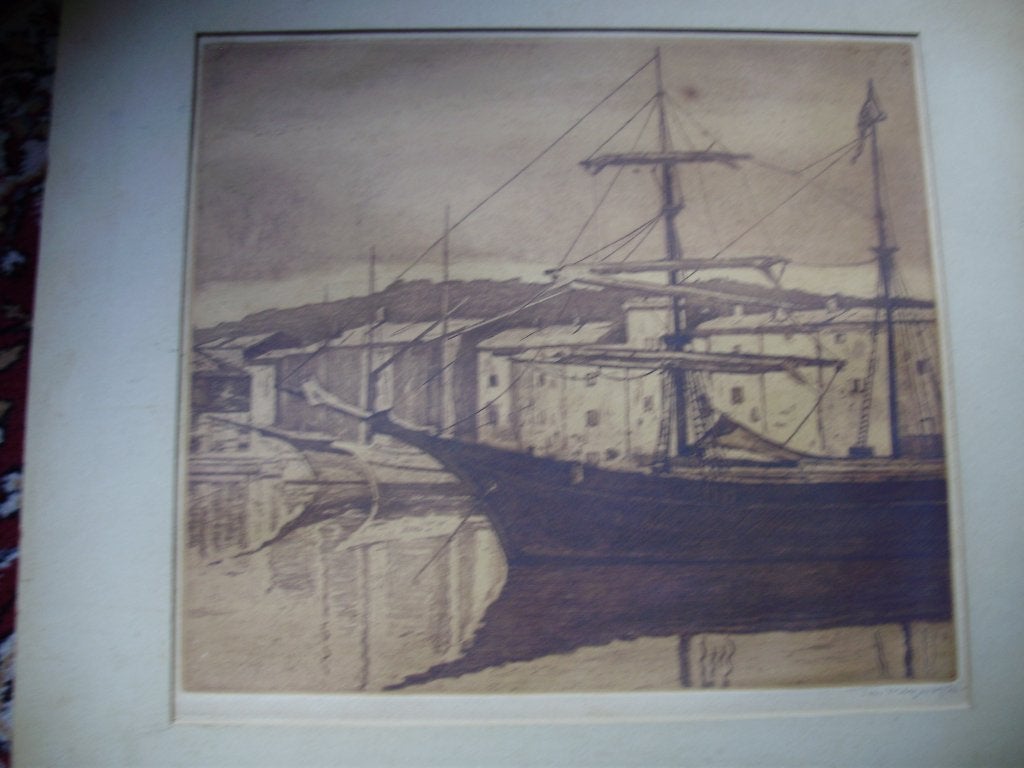 Zeefdruk van Ton Meiering Schip in Haven, Origineel, Zeefdruk, Overige onderwerpen, Ophalen of Verzenden