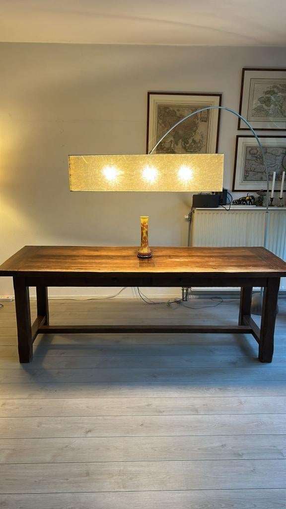 Massief eiken eettafel + stoelen & bank, Huis en Inrichting, Eikenhout, 200 cm of meer, 50 tot 100 cm, Zo goed als nieuw
