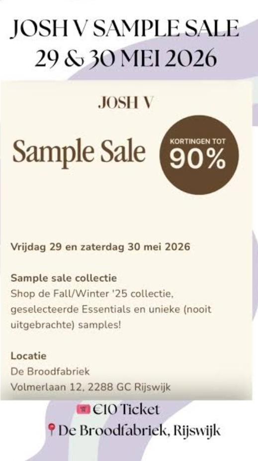 Sample sale JoshV vrijdag 29 mei 09:00-11:00 uur, Eén persoon, Overige soorten