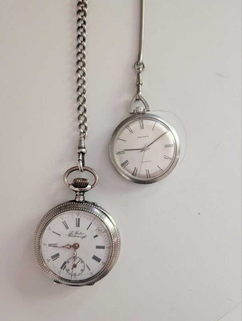 Antieke zakhorloges met ketting - Zilverkleurig, Overige merken, Zakhorloge, Ophalen of Verzenden, Met ketting