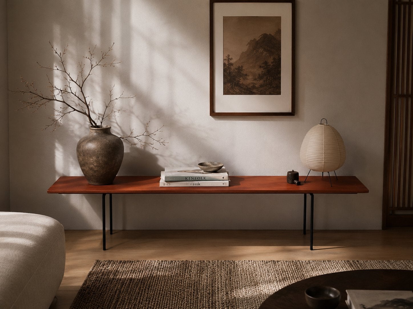 Vintage retro japandi jaren 50-60 sidetable, salontafel, Ophalen, Gebruikt, 100 tot 150 cm, 25 tot 50 cm