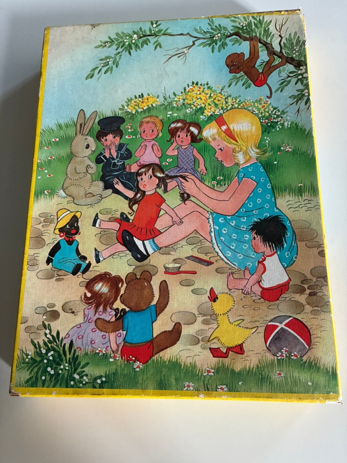 Oude houten kinderpuzzel met vrolijke afbeelding, Antiek en Kunst, Ophalen of Verzenden