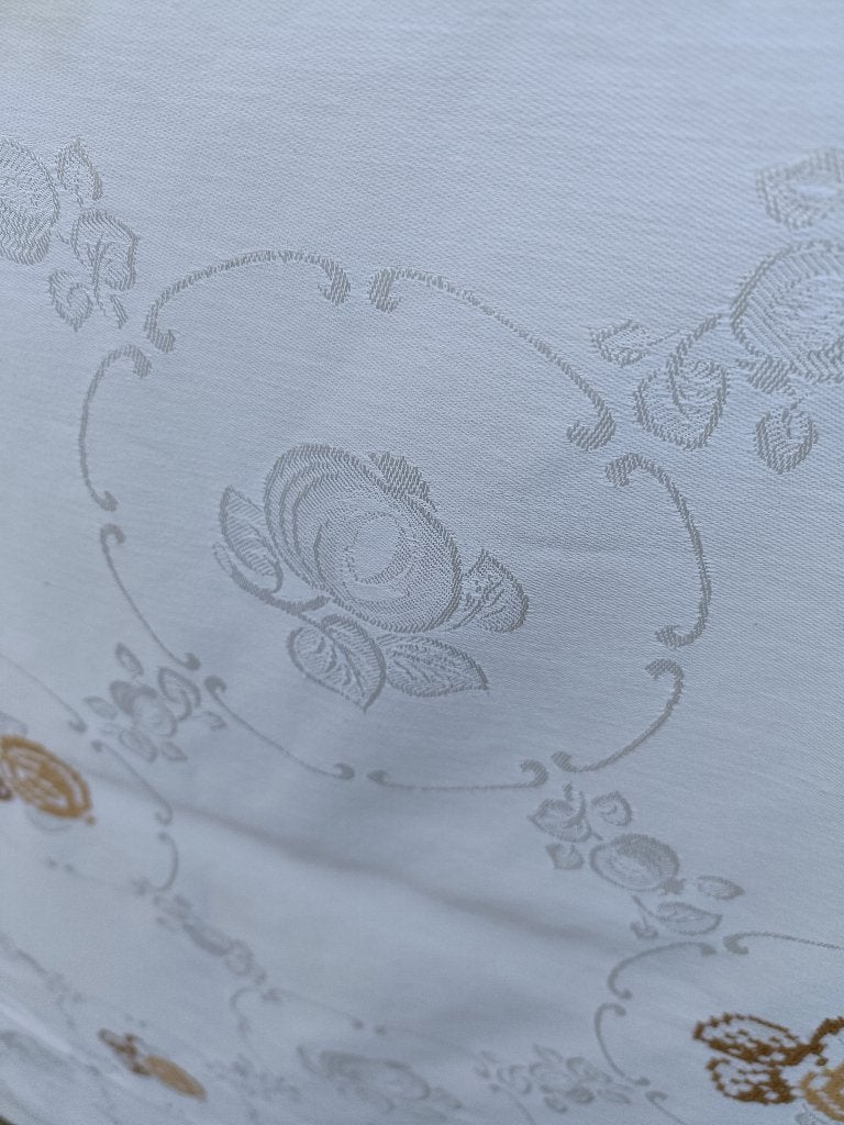 Vintage damast tafelkleed geborduurde bloem 205 x 135 (KT10), Ophalen of Verzenden, Gebruikt, Rechthoek