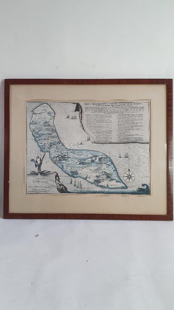 Oude landkaart van Curacao, Roggeveen 1680. S42, Antiek en Kunst, Kunst | Etsen en Gravures, Ophalen of Verzenden