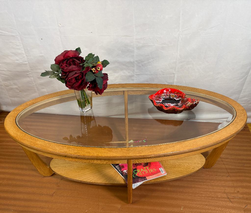 Gratis bezorging!MidCentury Retro VintageStijlSalontafeleike, Glas, Gebruikt, 100 tot 150 cm, -