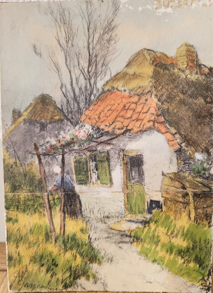 Werkje gesign. J. Garjeanne (1860-1930) 'Boerenerf', Antiek en Kunst, Ophalen of Verzenden