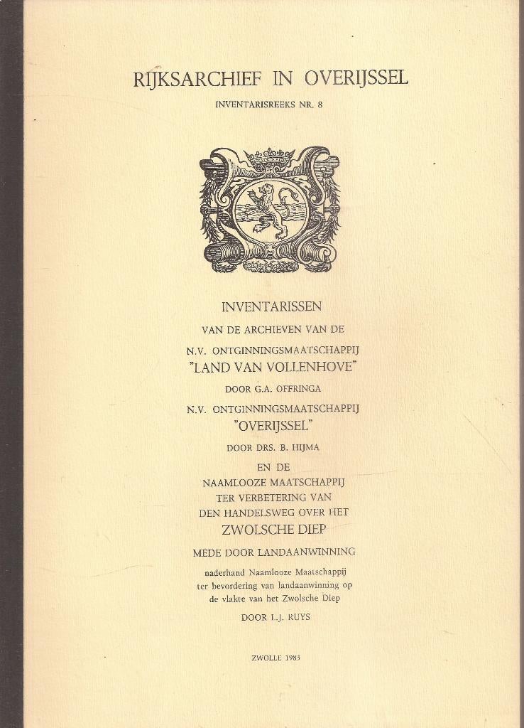 Inventarissen Land Vollenhove,"Overijssel" en Zwolsche Diep, Ophalen of Verzenden, Zo goed als nieuw
