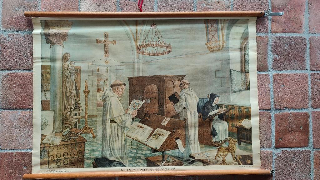 middeleeuwse kloosterprent op doek 103x70cm, Ophalen, Gebruikt