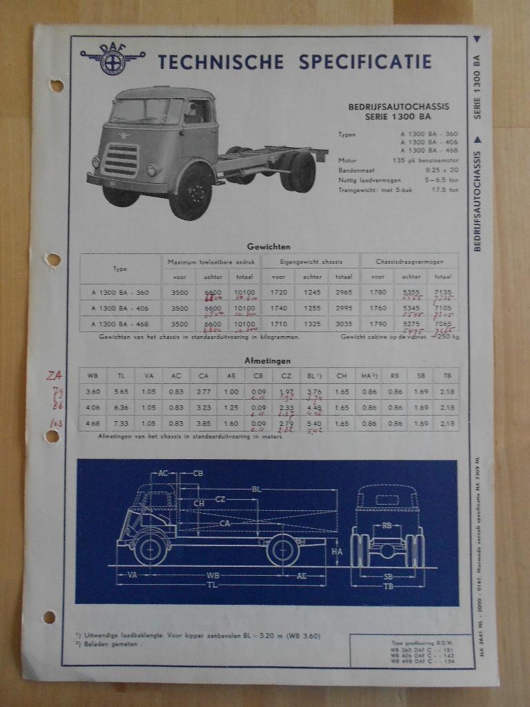 DAF 1300 BA Technische Specificatie folder 1961 Kikker 1300B, Verzenden, Zo goed als nieuw, Overige merken, DAF