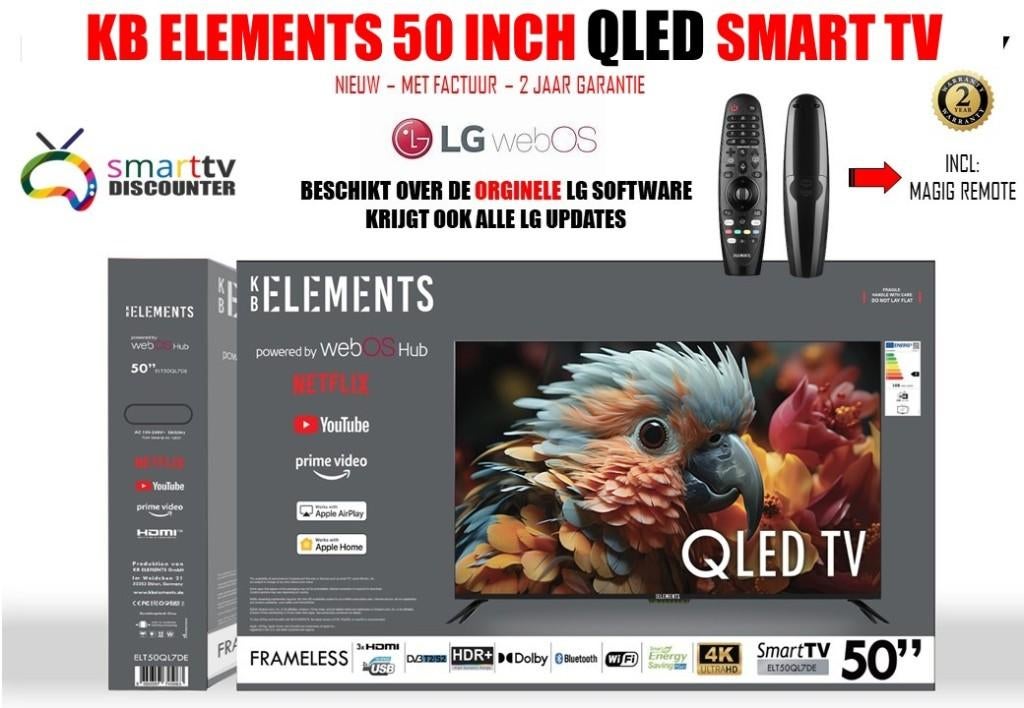 KB ELEMENTS 50 INCH QLED SMART TV, Overige merken, QLED, 50 Hz, Nieuw
