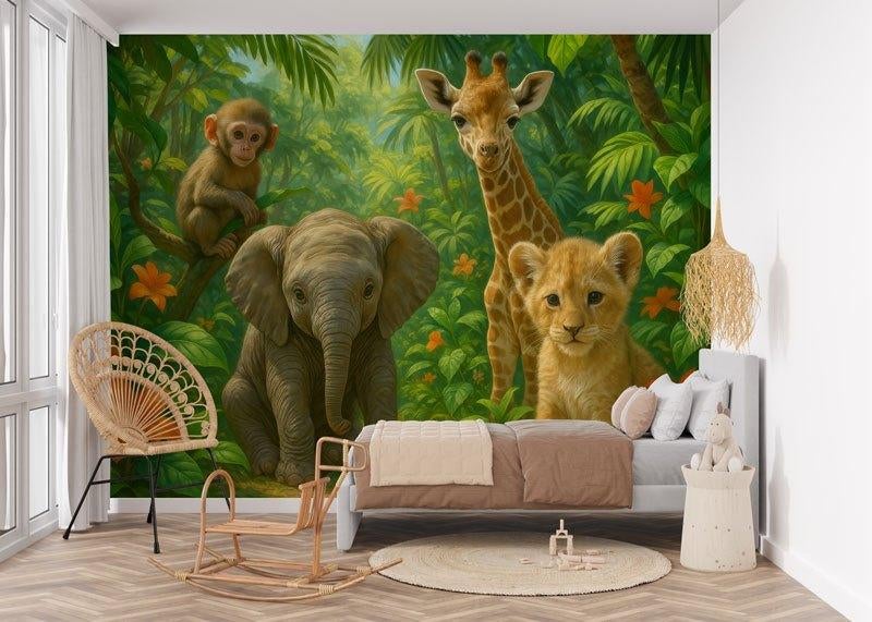 Fotobehang / Behang - Kinderkamer - Jungle Dieren Vrienden, Kinderkamer Dieren, Ophalen of Verzenden, Minder dan 10 m², Info@fotobehangkoning.nl