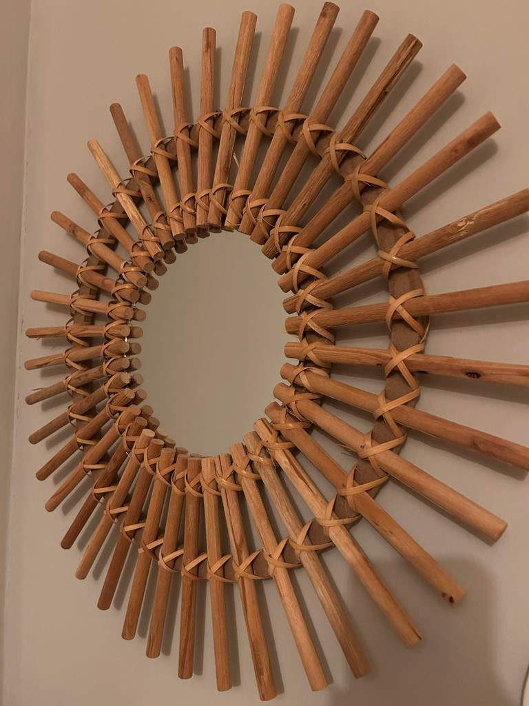 Rieten Spiegel - Boho Stijl, Huis en Inrichting, Woonaccessoires | Spiegels, Ophalen, Zo goed als nieuw, Rond, 50 tot 75 cm