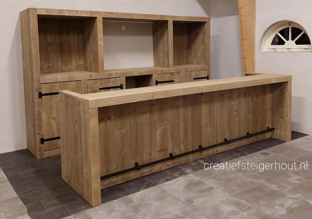 Bar met kast van steigerhout mancave buizen huisbar koelkast, Ophalen of Verzenden, Nieuw