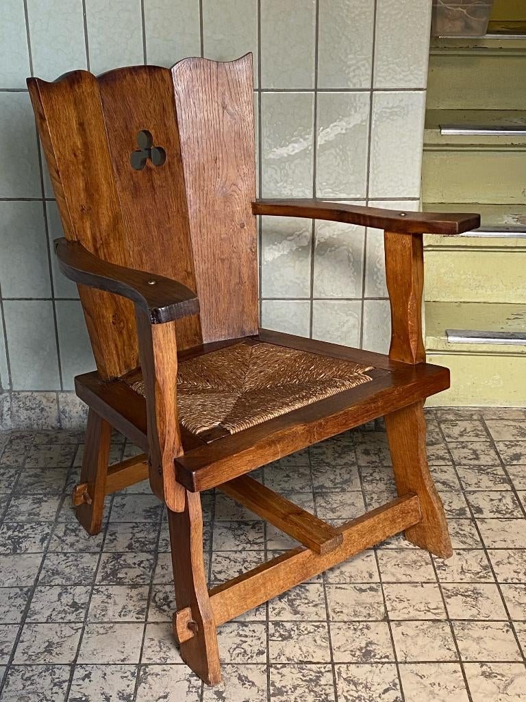 Vintage eiken stoeltje dames fauteuil  brocante  riet rotan, Ophalen, Gebruikt, Minder dan 75 cm, Riet of Rotan