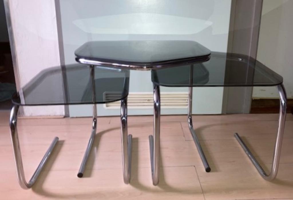 Vintage bijzettafel - nesttafel; smoked glass coffee table, Ophalen, Minder dan 45 cm, Minder dan 55 cm, Gebruikt