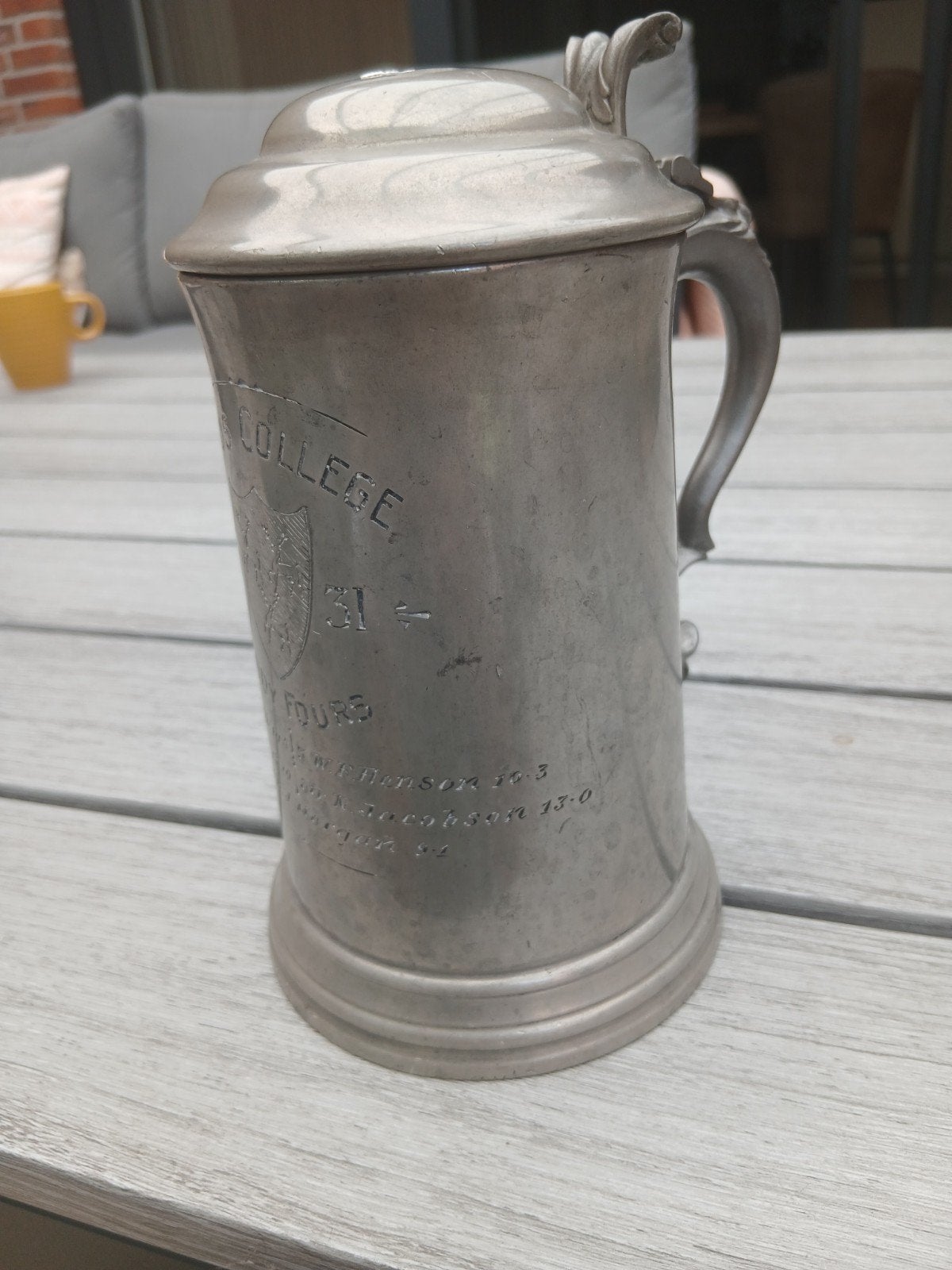 Antieke tinnen bierpul met deksel - Jesus College 1931, Ophalen of Verzenden
