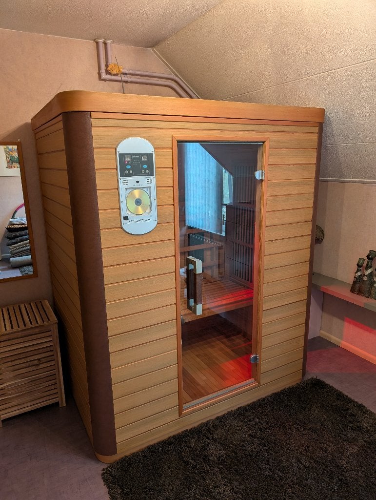 Infrarood sauna met glazen deur en houten interieur, Sport en Fitness, Ophalen, Zo goed als nieuw, Infrarood, Complete sauna