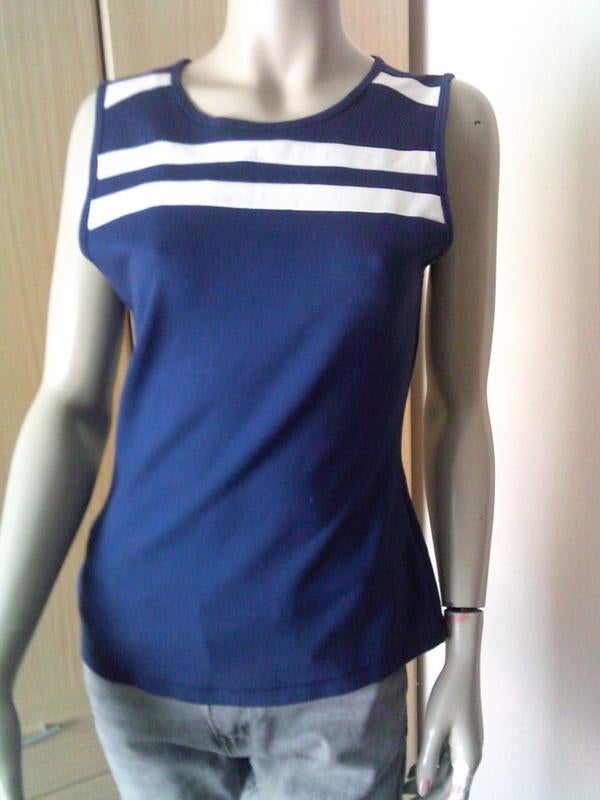 KAREN MILLEN blauw/witte stretchtop maat 42, Maat 42/44 (L), Zonder mouw, Gedragen, Verzenden