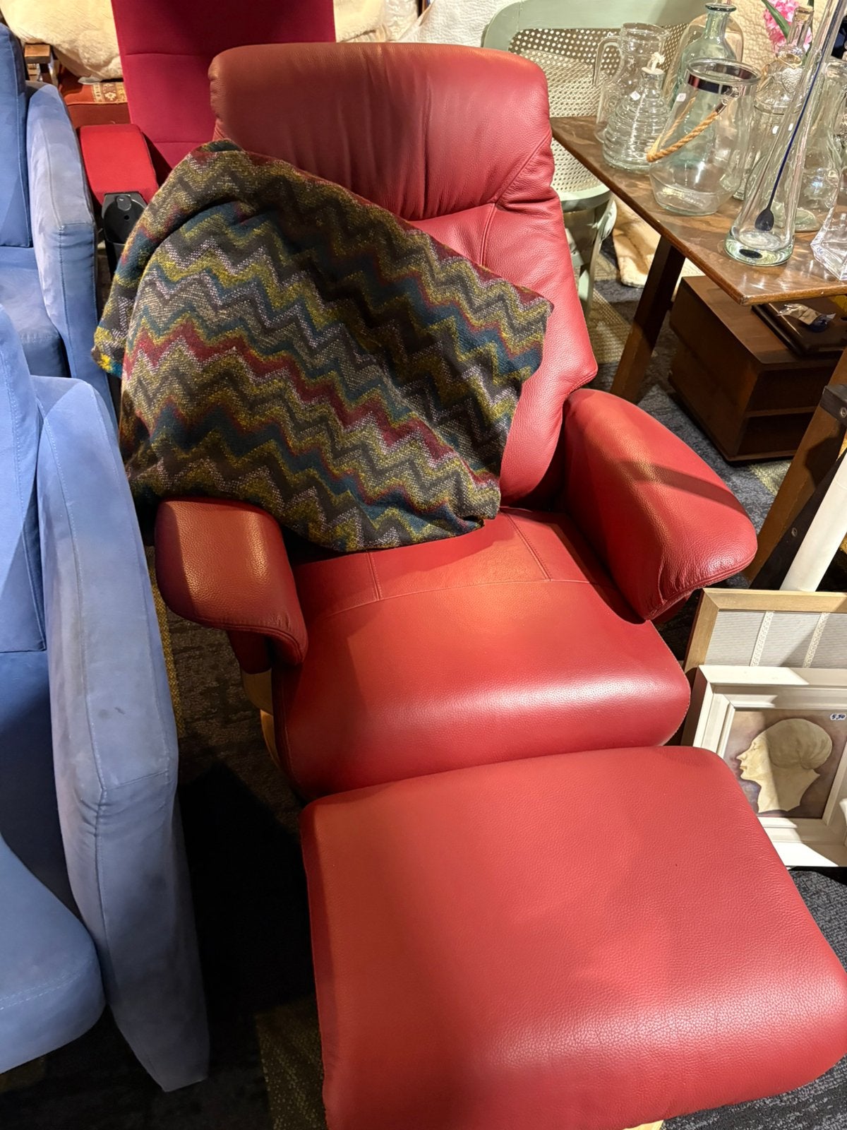 Heerlijke lederen relax fauteuil, inclusief voetenbank, Huis en Inrichting, Fauteuils, Ophalen, Zo goed als nieuw