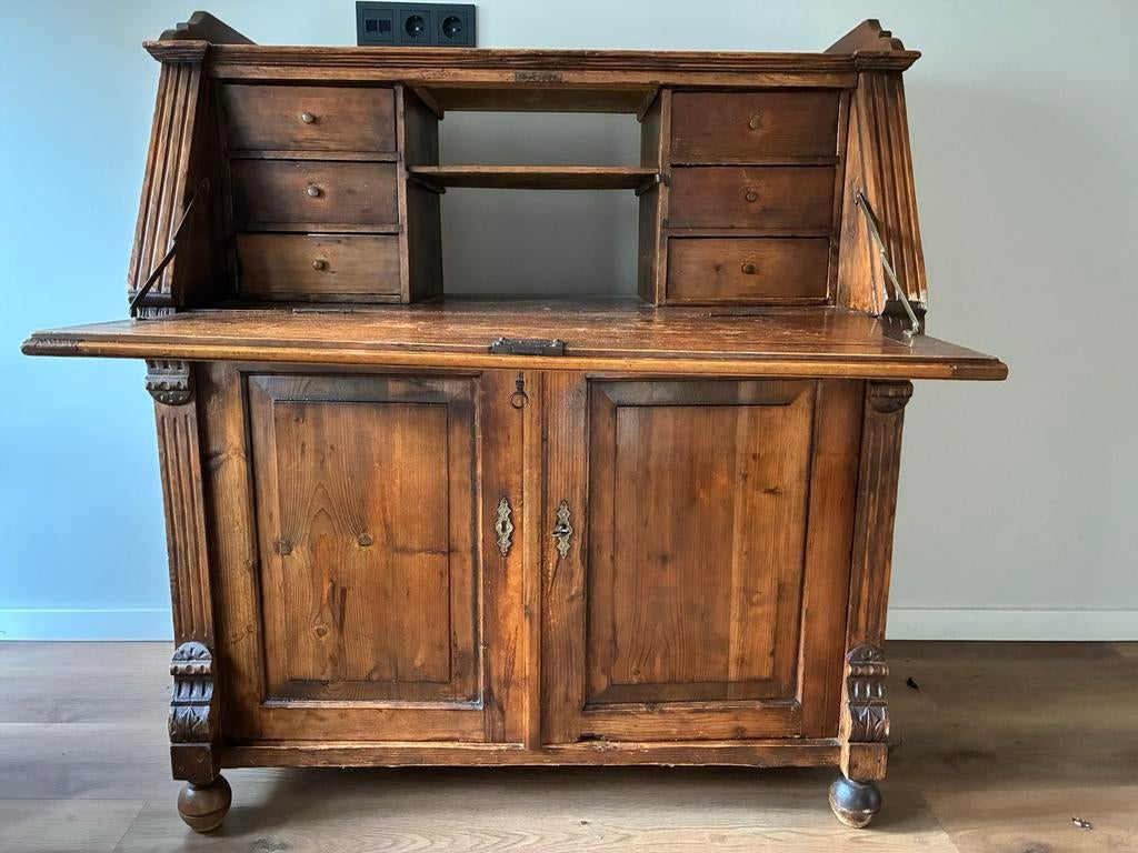 Antieke secretaire / klepbureau – massief grenen, Huis en Inrichting, Kasten | Secretaires, Ophalen, Gebruikt