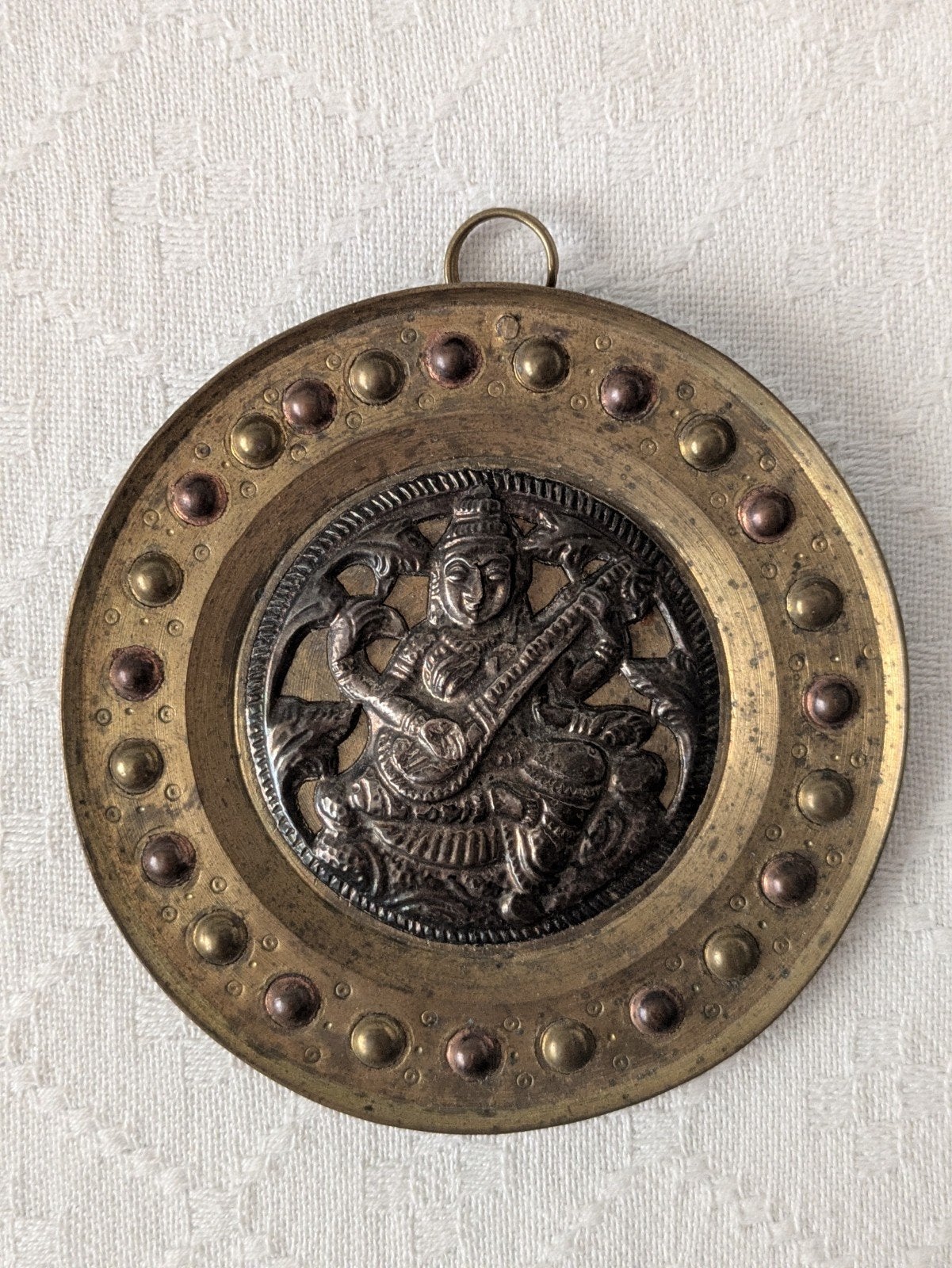 Decoratieve Indiase wandplaat met godin Saraswati, Ophalen of Verzenden