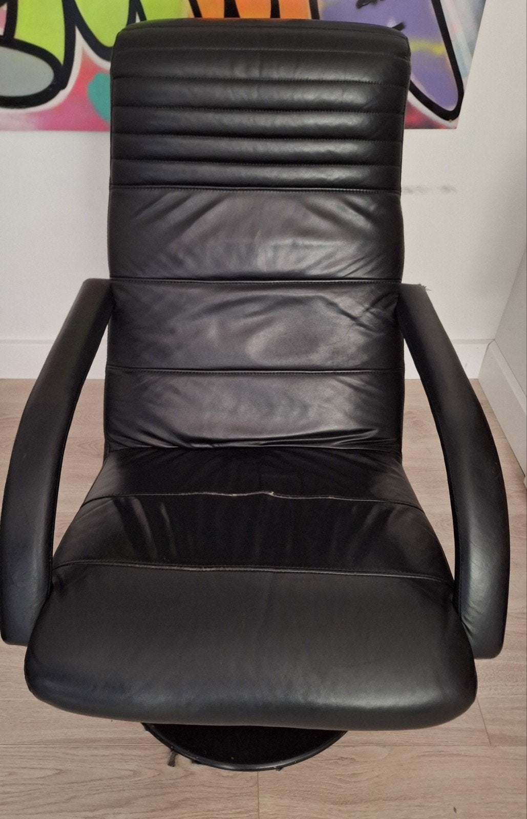 gratis afhalen zwart lederen fauteuil + poefje, Ophalen, Gebruikt, 50 tot 75 cm, Leer