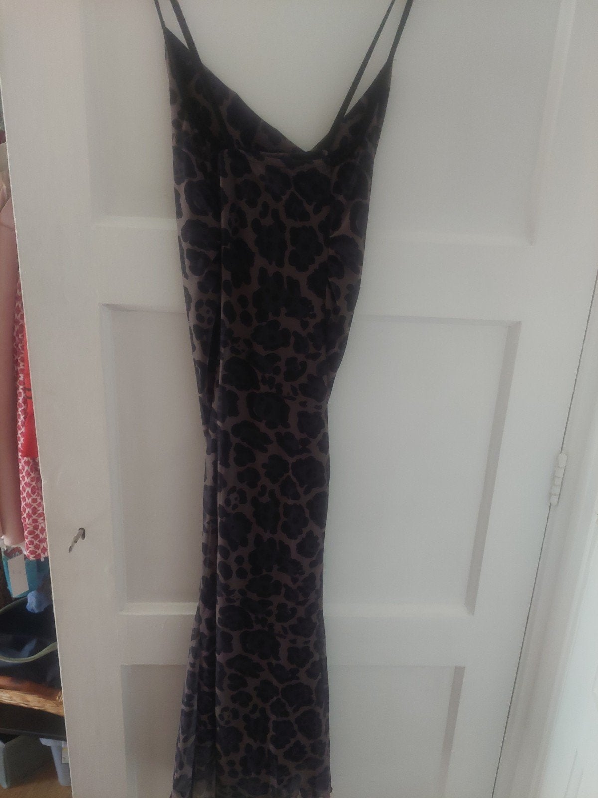 Leopard print maxi jurk met spaghettibandjes L, Ophalen, Bruin, Maat 42/44 (L), Onder de knie