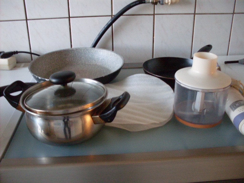 uiensnijder en roerbakpan en koekenpan en kookpan, Ophalen, Gebruikt, Pannenset, Rvs