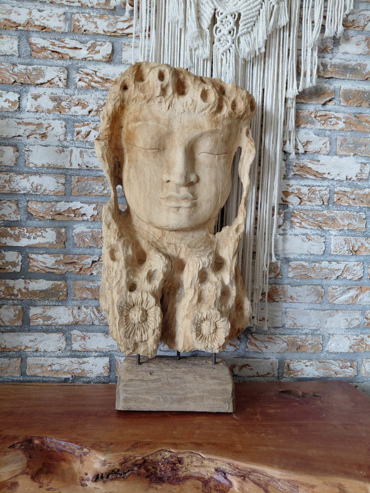 Houten Boeddha Hoofd Beeld op sokkel, Beeld, Hout, Bruin, Overige stijlen