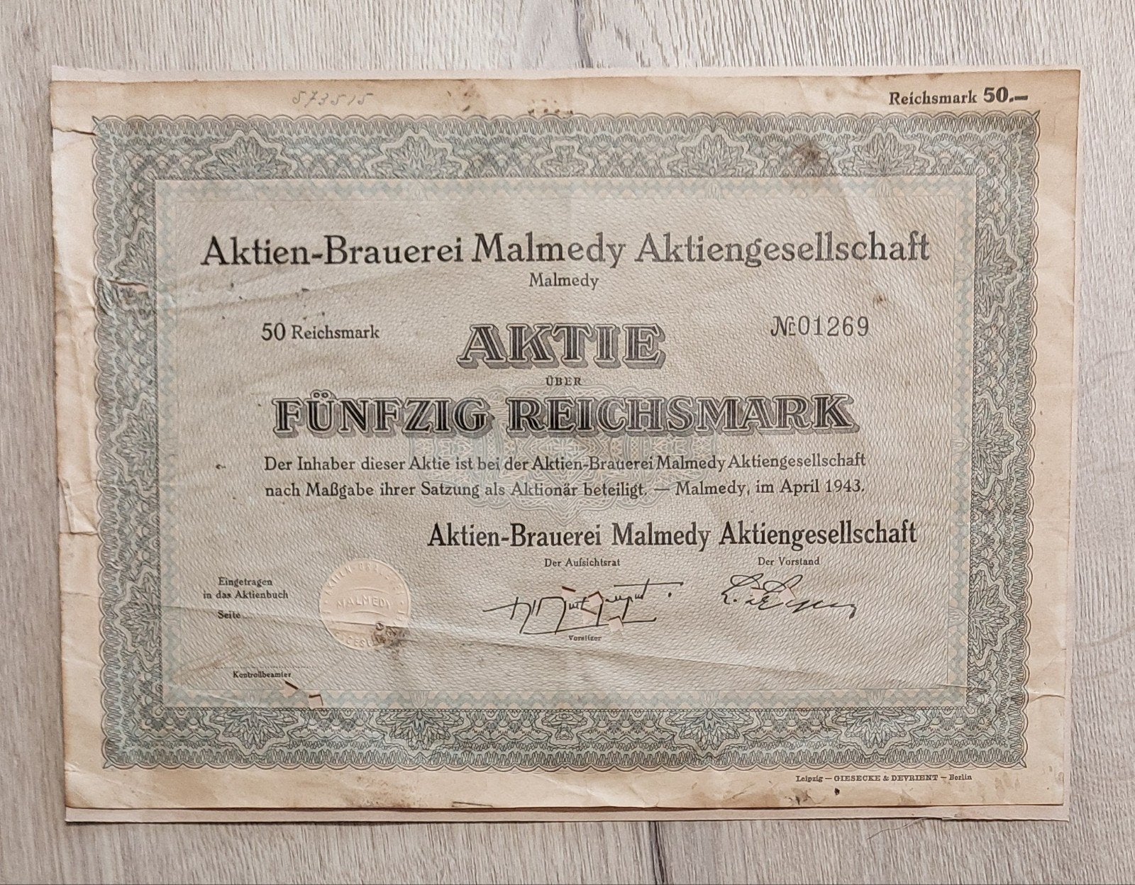 Oud aandeel uit Malmedy, Ophalen of Verzenden, Gebruikt, Overige merken