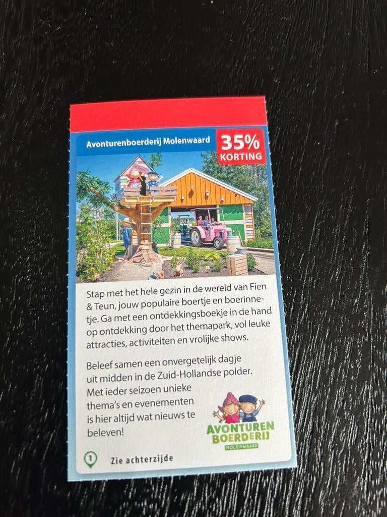 Voordeelcoupon Avonturenboerderij Molenwaard, Eén persoon, Kortingskaart