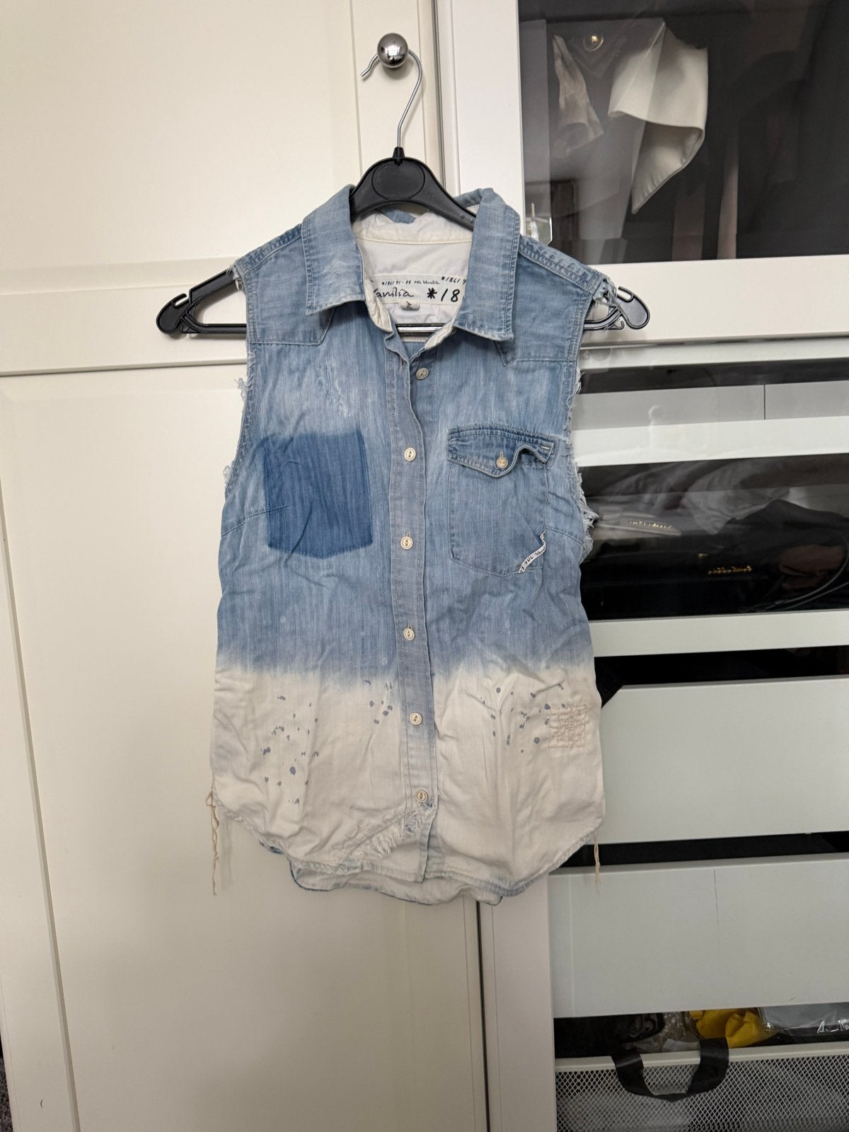 Vanilia mouwloze denim blouse maat 34 (XS), Blauw, Ophalen of Verzenden, Zonder mouw, Maat 34 (XS) of kleiner