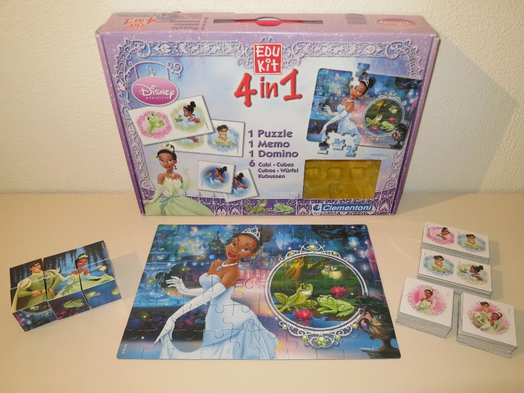 Disney Princess Tiana 4-in-1: memory, domino & 2 puzzels, Ophalen of Verzenden, Zo goed als nieuw, Puzzelen