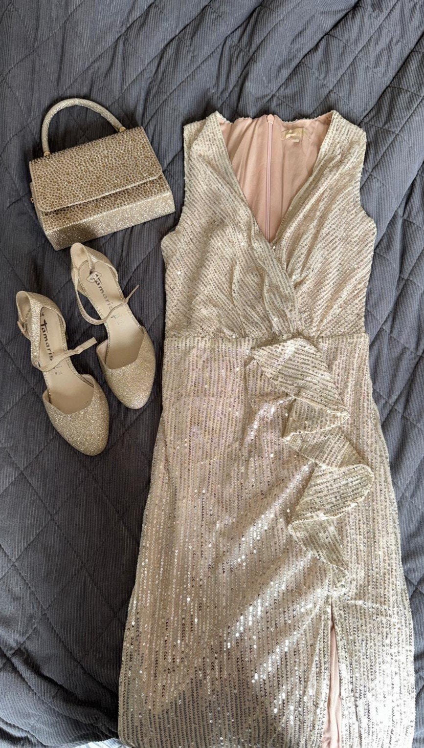 Gouden glitter jurk maat S, niet gebruikt, Kleding | Dames, Jurken, Nieuw, Maat 36 (S), Overige kleuren, Onder de knie, Ophalen