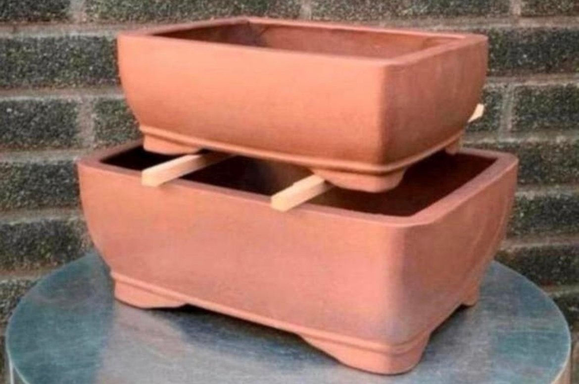 Bonsai schalen set bruin ongeglazuurd gemerkt aardewerk., Nieuw, Ophalen of Verzenden, Aardewerk, Rechthoekig