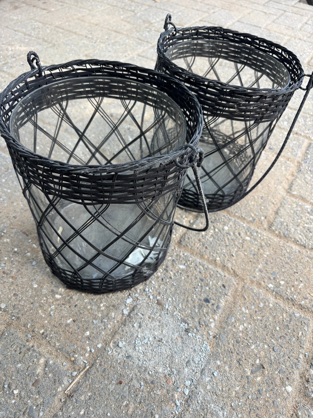 Rivièra Maison manden met glazen binnenpotten, Ophalen, Zwart, Natuurlijk materiaal, Landelijk