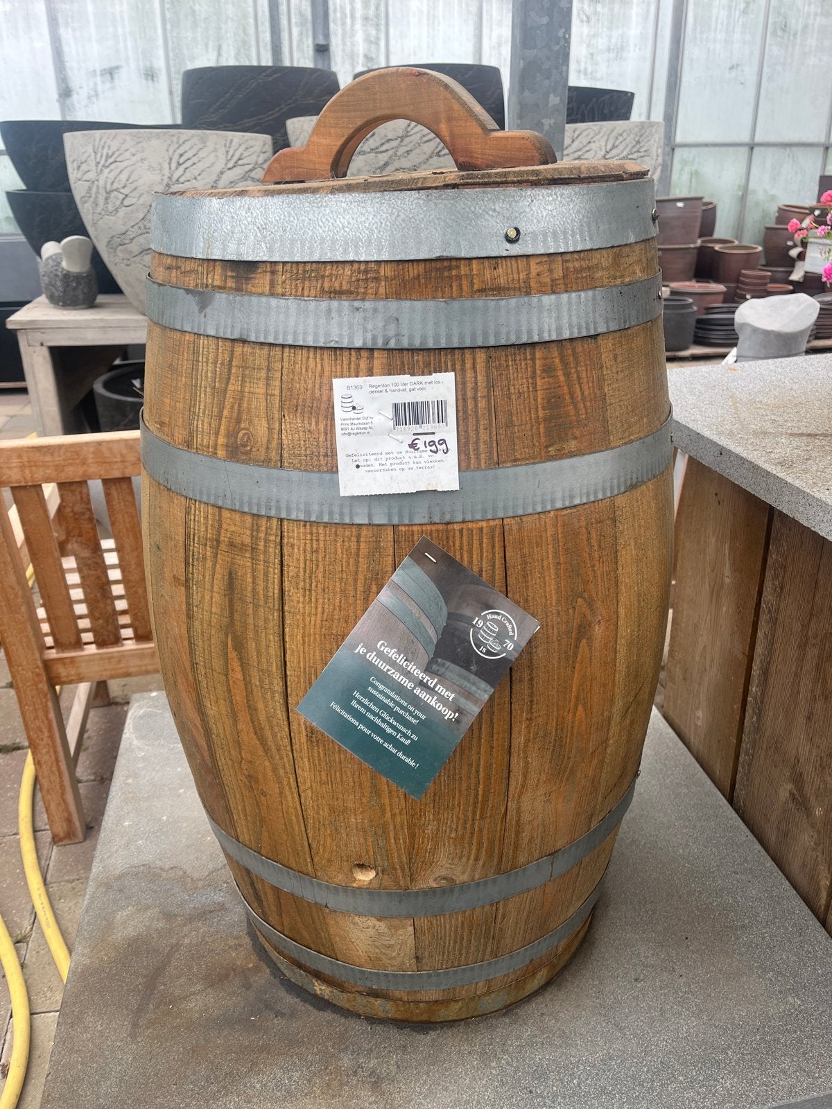 Regenton 100L Hout met deksel en handvat met kraan €199, Tuin en Terras, Regentonnen, 75 tot 150 liter, Ophalen of Verzenden, Nieuw