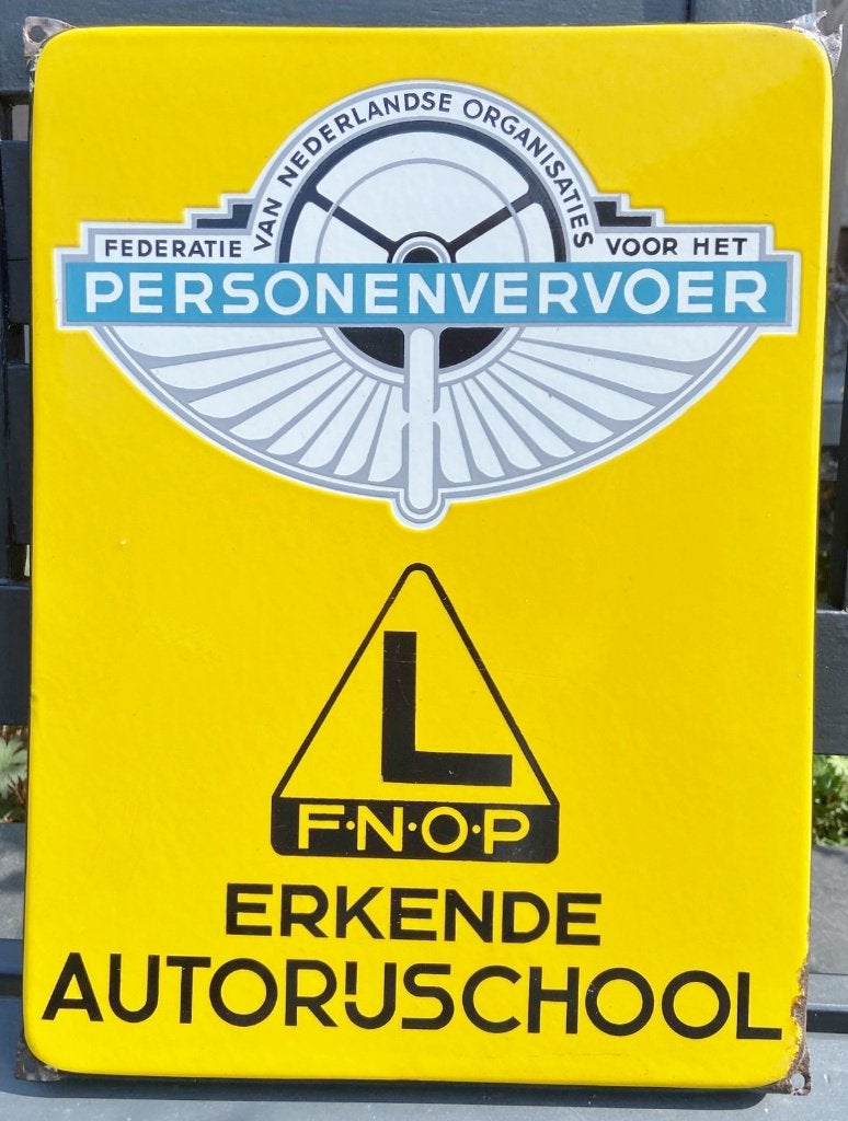 Origineel vintage emaille bord - FNOP Erkende Autorijschool, Verzamelen, Ophalen of Verzenden, Gebruikt, Reclamebord