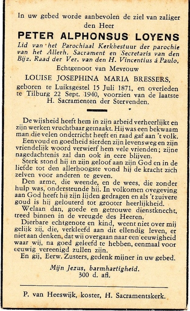 Luiksgestel 1871 - Tilburg 1940 Peter Loyens, Ophalen of Verzenden, Bidprentje