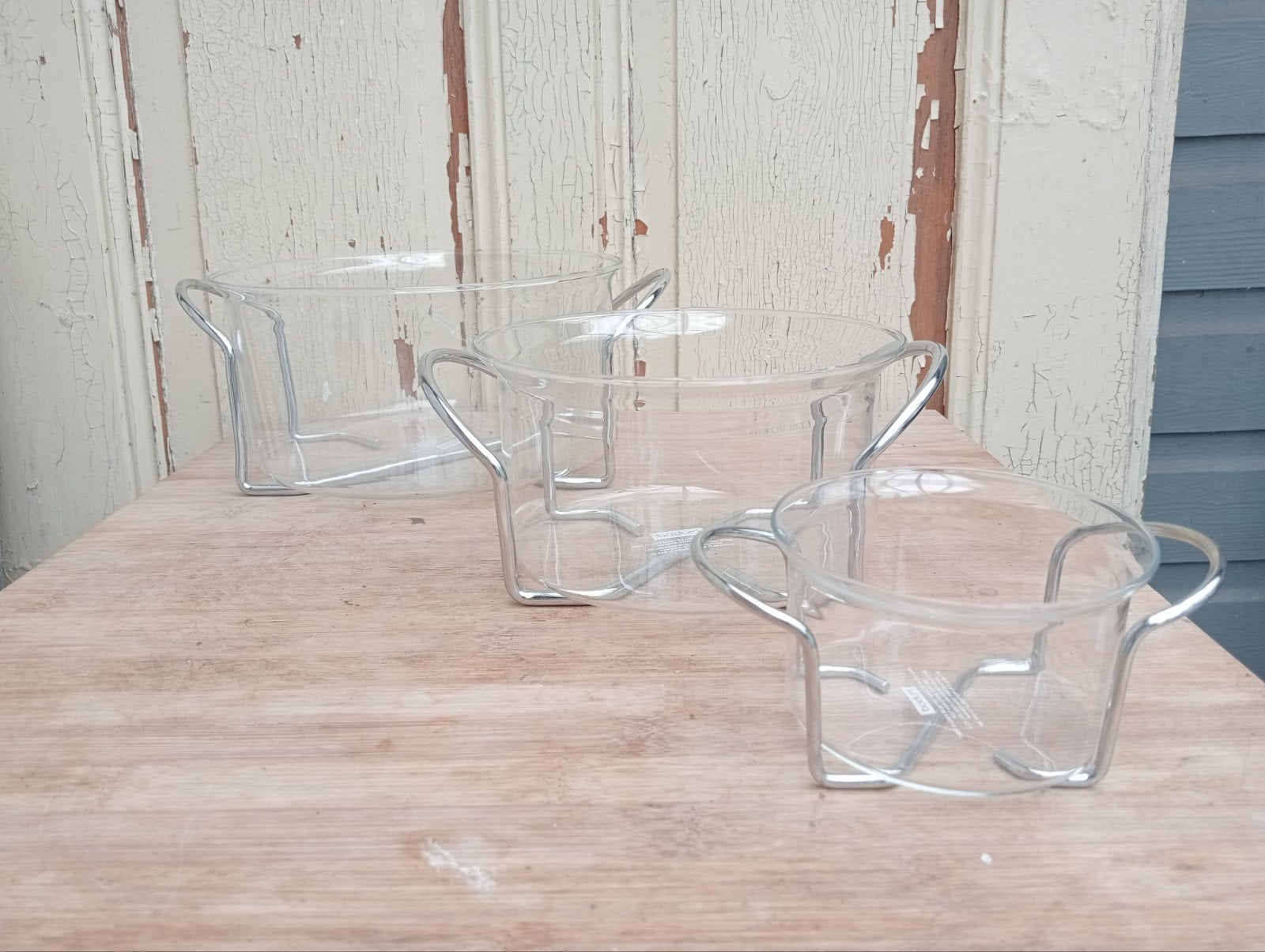 Bodum glazen schalen set van 3 met houders, Ophalen of Verzenden, Gebruikt, Glas, Bodum