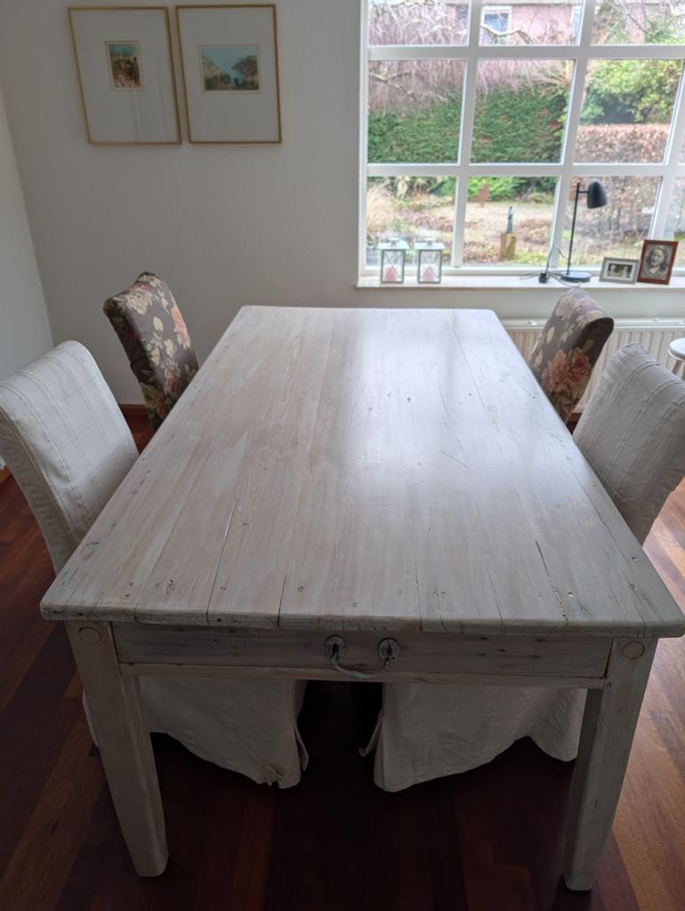 Authentieke boerentafel in whitewash – met lade, Ophalen, Gebruikt, 50 tot 100 cm, Vijf personen of meer