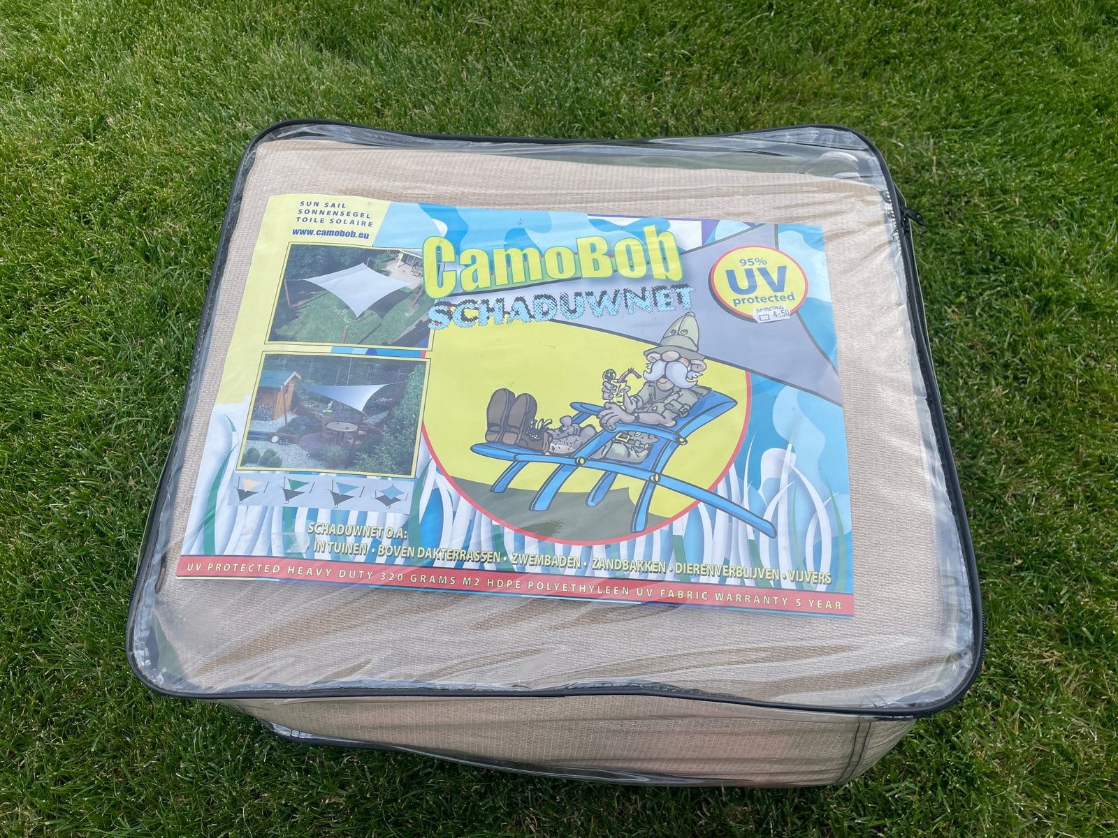 Nieuw! Camobob Schaduwdoek 5x5m zand/beige Van €300 voor €75, Tuin en Terras, Schaduwdoeken, Verzenden, Nieuw