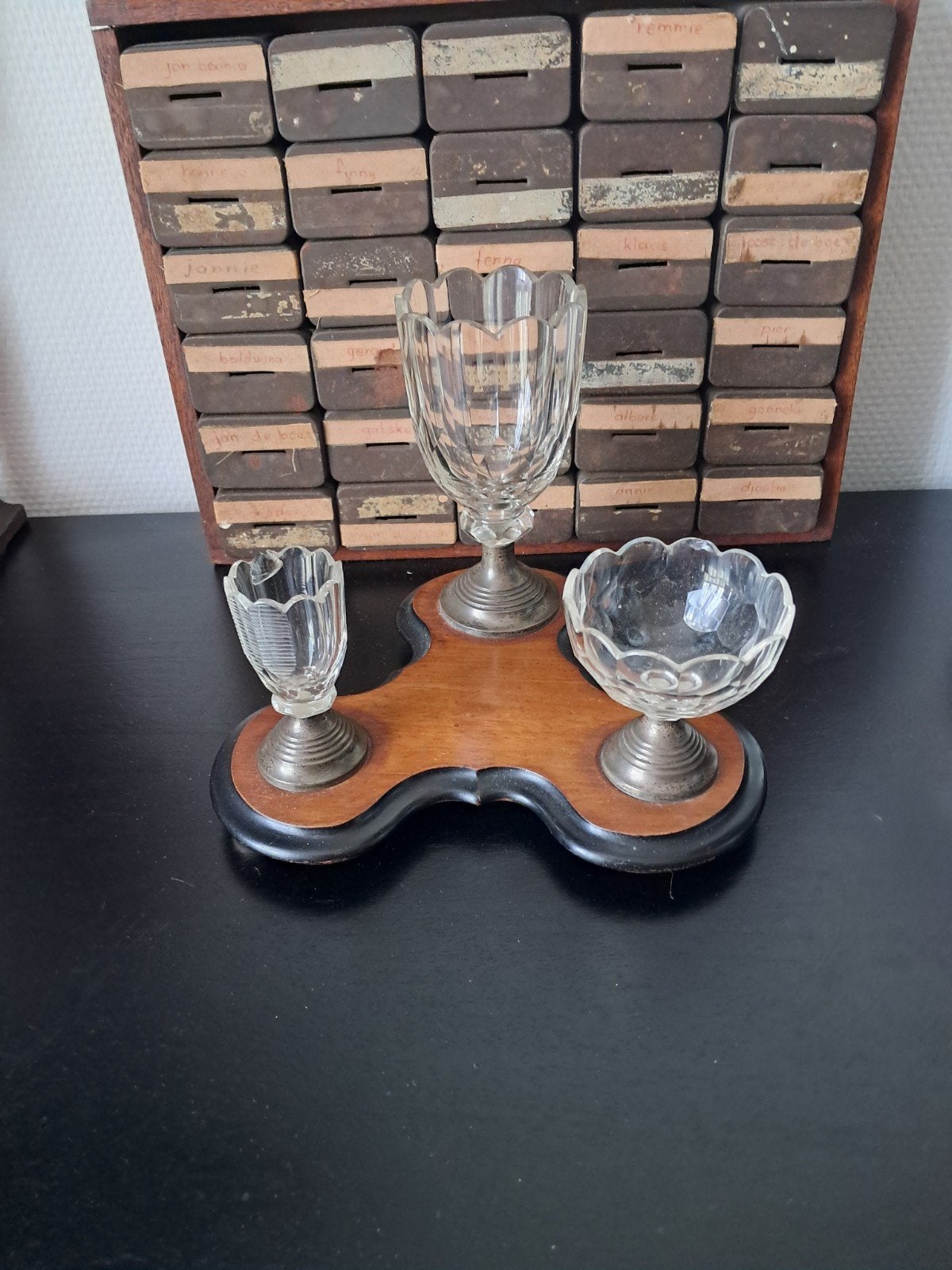 Antiek Biedermeier Tafelstel / Rookcomfoor – Kristal & Hout, Ophalen of Verzenden