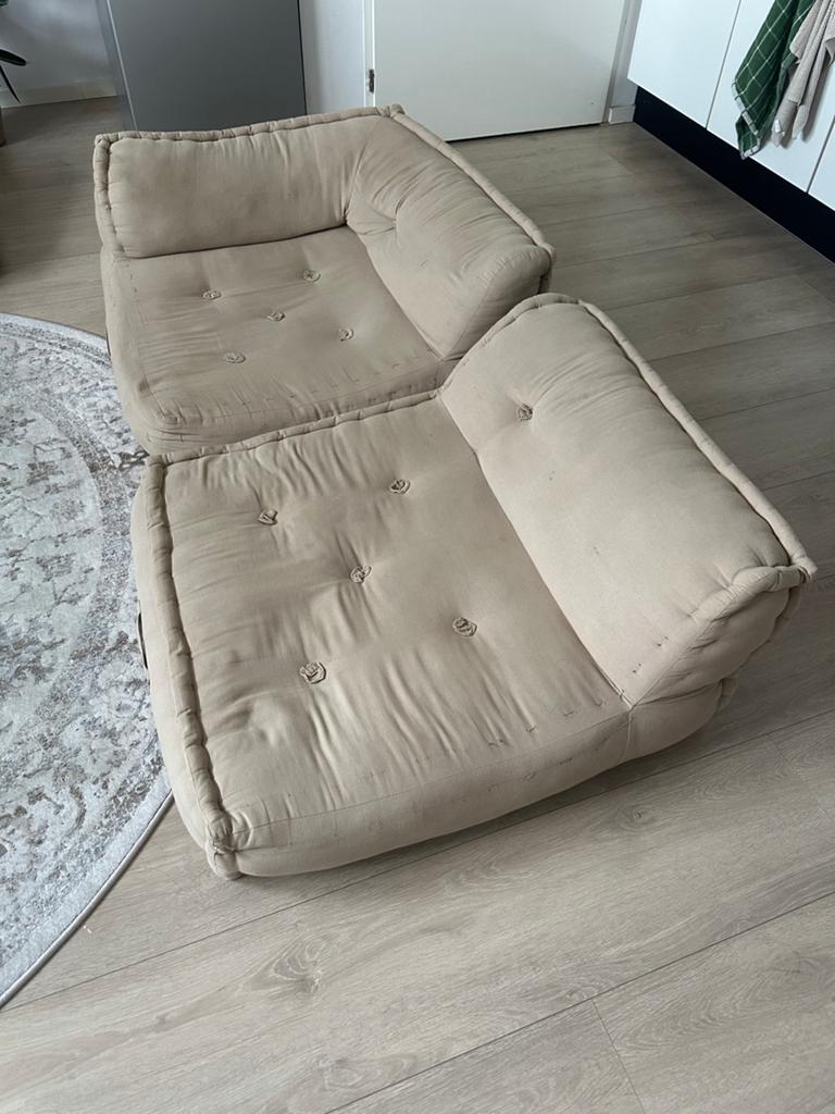Modulaire vloerbank/zitzak - Beige stof, Ophalen, Gebruikt, 125 cm of meer, Vierkant