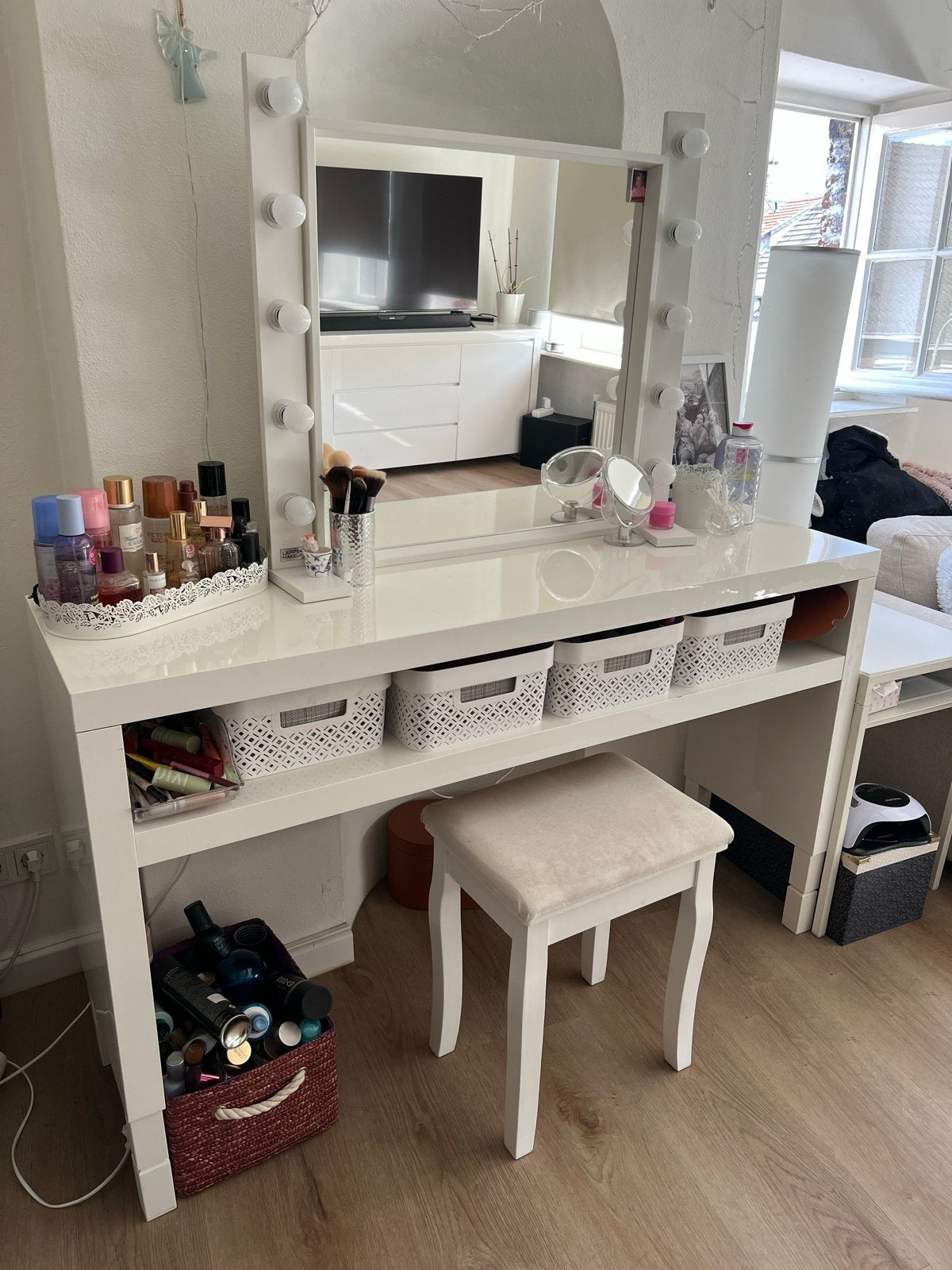 Witte kaptafel met spiegel, incl. krukje, Huis en Inrichting, Tafels | Kaptafels, Ophalen, Gebruikt, 100 tot 150 cm, 50 tot 100 cm