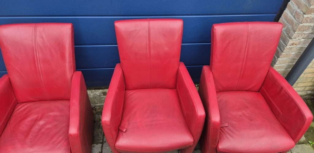 Eetkamerstoelen, leer bordeaux rood., Ophalen, Gebruikt, Leer, Eettafelstoel met wieltjes.