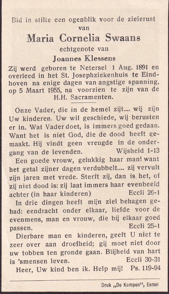 Swaans Maria 1891 Netersel 1955 Eindhoven, Ophalen of Verzenden, Bidprentje